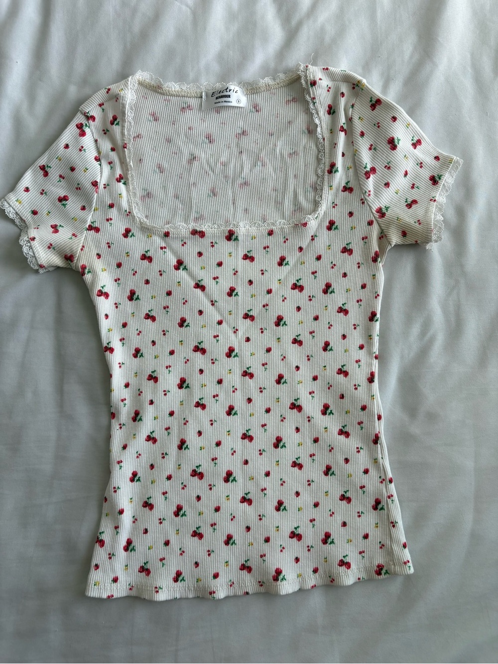 Electric Family Cream Ribbed Square-Neck Tee with Red Cherry Print